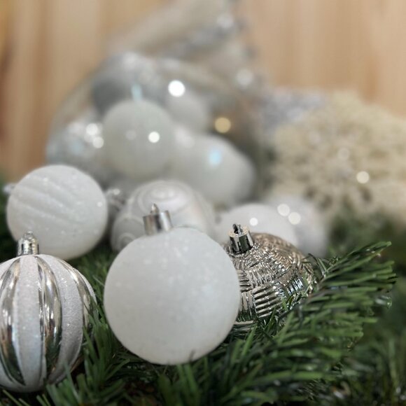 Silver and White Christmas Ornaments Shatterproof Holiday Assortment Set of 36 - Picture 6 of 7